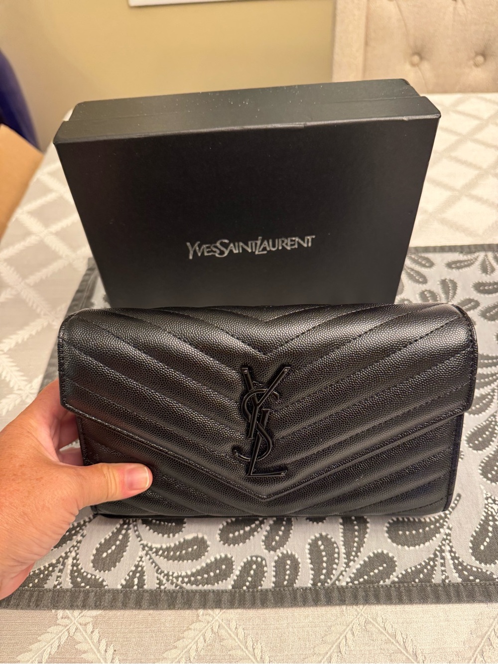 Black Quilted YSL Logo Clutch Wallet